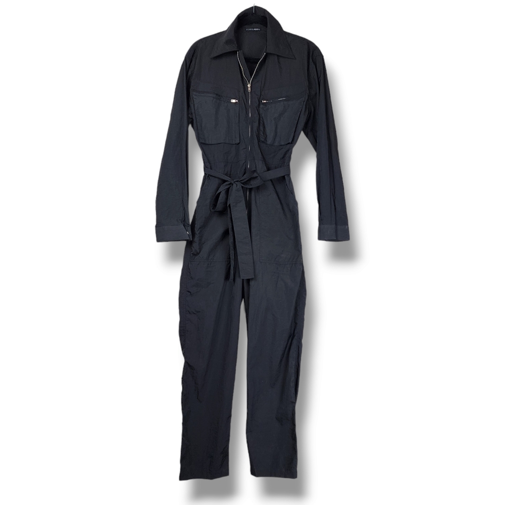 COPY - J Lux Label Black Nylon Long Sleeve Jumpsuit Tie Waist Pockets Zip-up Si…